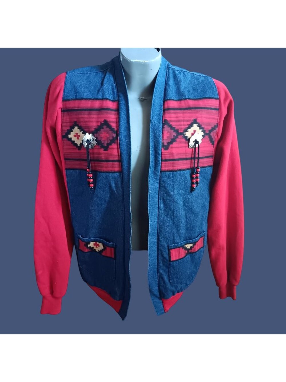 Vintage Men's Jacket Jerzees XL 1of1 Handmade Denim Fleece Southwestern Beaded